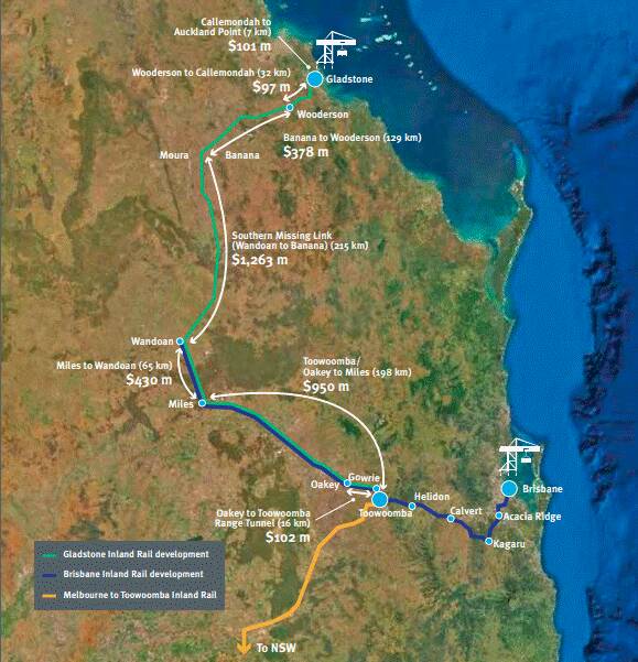 A possible route for the proposed Toowoomba to Gladstone Inland Rail line. Graphic - Regional Development Australia
