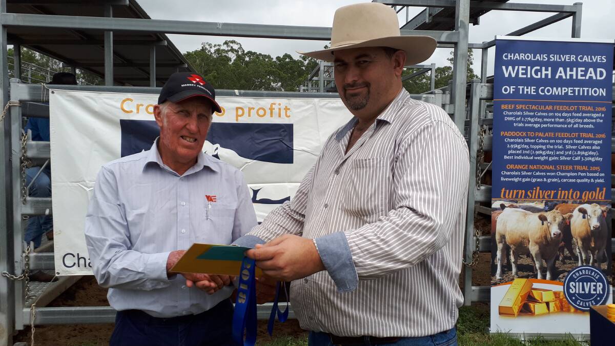 Denis Panzram from Purga was presented with first and second prize for Export Steers by Brendan Scheiwe from the Charolais Society.