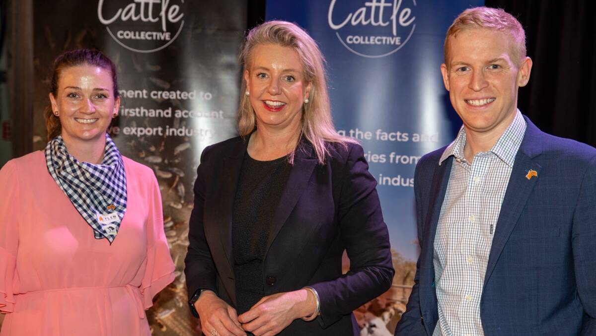 Holly Ludeman and John Cunnington with Agriculture Minister Bridget McKenzie (centre) launching The Cattle Collective at the LIVEXchange conference in Townsville. 