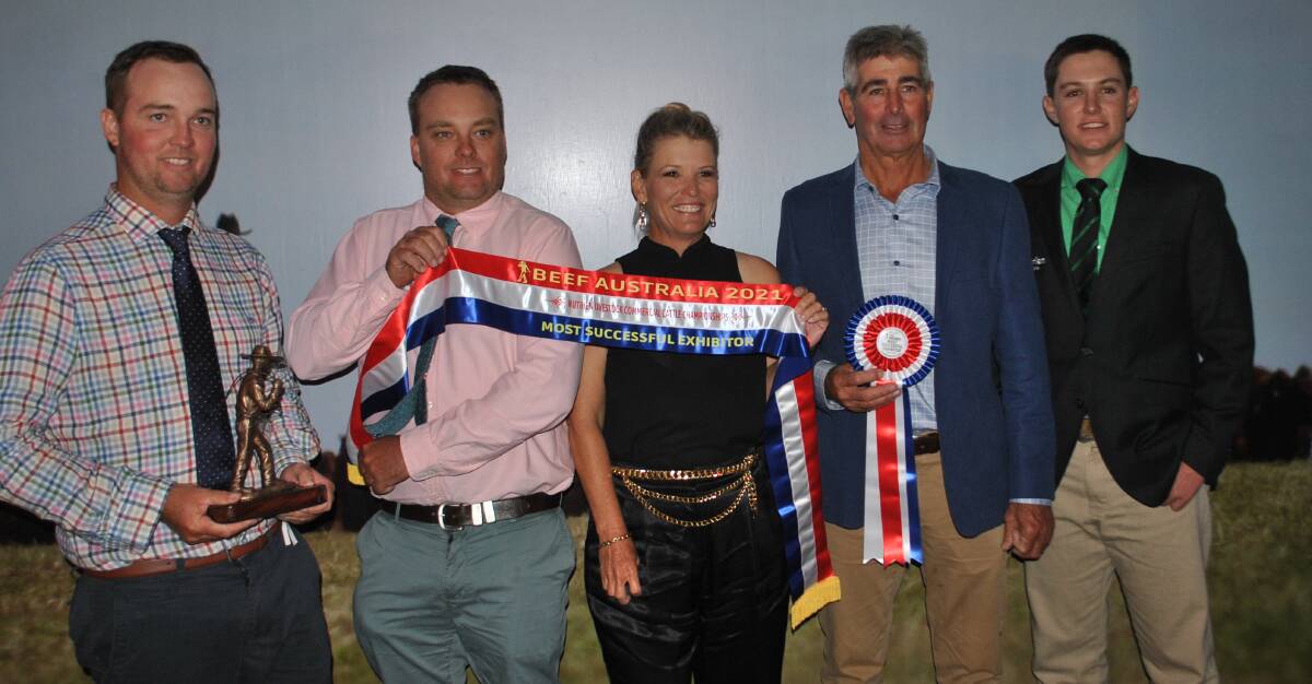 JOINT MOST SUCCESSFUL EXHIBITORS: Brett and Adam Hatton, Hatton and Co, Monto, with Sasha Smith and Cliff Mylrea, Needmor Cattle Co, Gogango, and Justin Rohde, Nutrien. 
