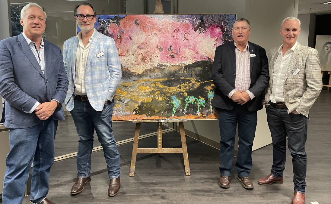 Artist Charles 'Chick' Olsson, barrister Syd Williams, who paid $11,000 for the charity work NT Burn Off, art 'critique' David Connolly, Tipperary Station, and John Warlters from charity Rural Aid.