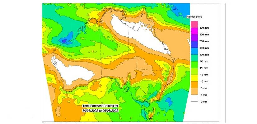 Where the rain is expected to fall during the eight days. Picture - BoM
