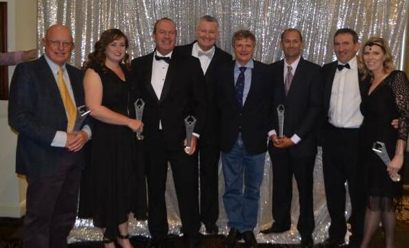 Recipients of awards with Adam Kay, CEO Cotton Australia (centre) - Michael Bennett, Fiona Norrie, Mark Cathcart, Stephen Yeates, Paul Grundy and Matt and Daisy Toscan.