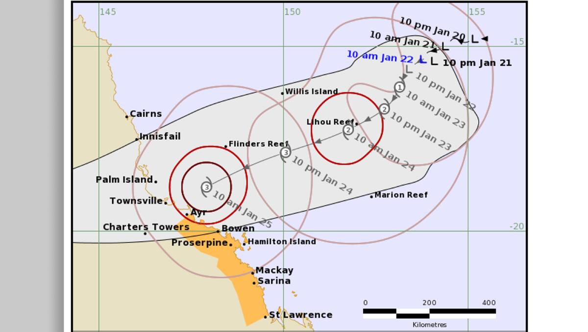 The tropical low is currently about 860km east-north-east of Townsville and 420km east-north-east of Willis Island. Image BOM