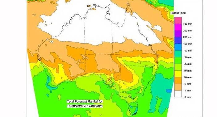 BOM's predicted accumulated rainfall totals for August 14 to 17. Queensland's rain is expected to start on Friday.