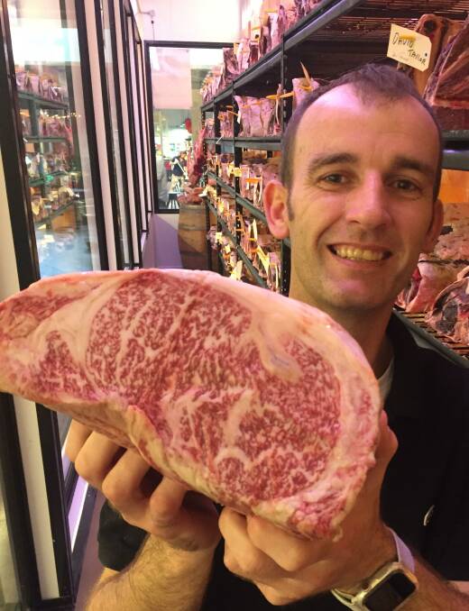 Butcher Clint Adams with A5, 10-12 marble score Miyazaki brand Wagyu beef from Japan.