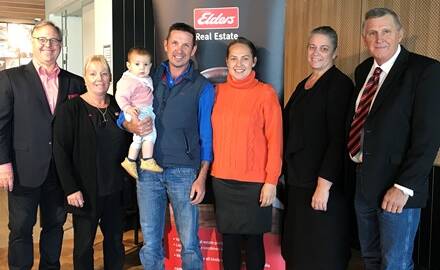 Buyers Andrew and Margie Milla (centre) with Colin Hawkins, Janelle Jackson, Lynnell Vohland and Daven Vohland from Elders.