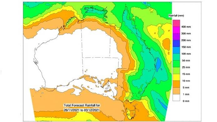 Accumulated rain totals expected for the next eight days. Source - BOM