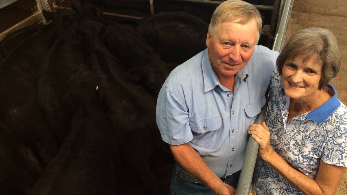 Gordon and Margaret Quinn, Dambaroo, Cudgera Creek, with their top pen of Angus steers, which made 296c to return $1024.