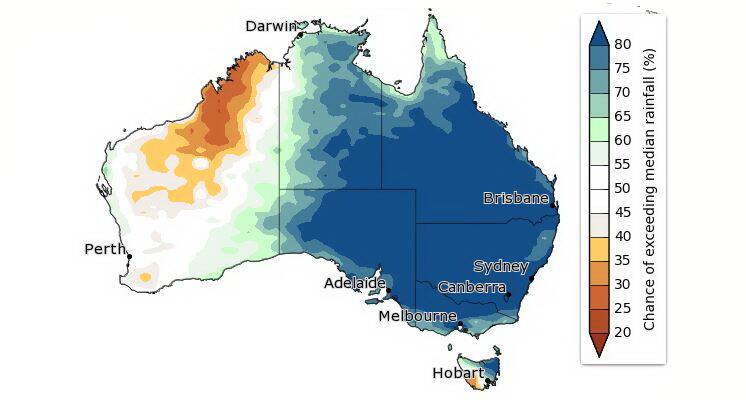 BOM says September to November is likely to be wetter than average across the eastern half of Australia.