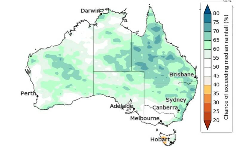 Queensland a 60 to 70 per cent chance of exceeding median rainfall for the March to May period. Source: BOM