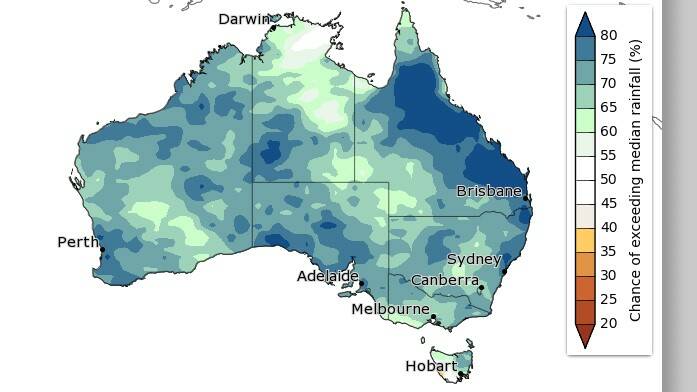 Chance of exceeding above average rain during the December to February summer period. Source - BOM