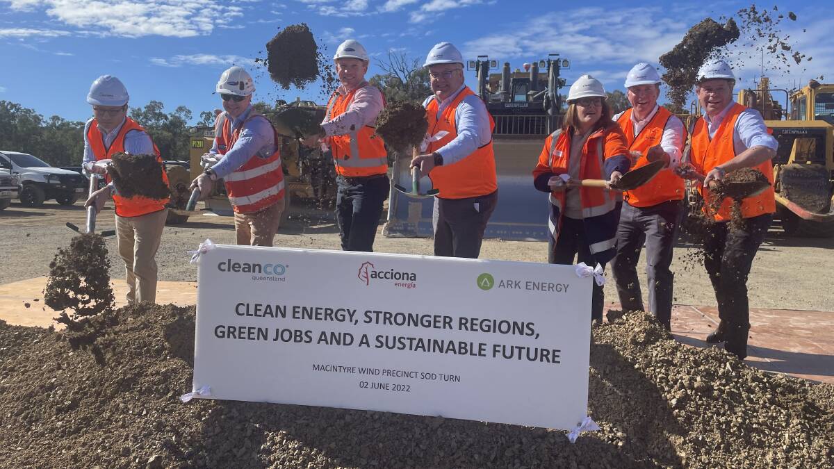 Energy and Renewables Minister Mick de Brenni and Acciona Energa managing director Brett Wickham (centre) lead the way at the sod turning ceremony for the MacIntyre Wind Precinct, west of Warwick. 