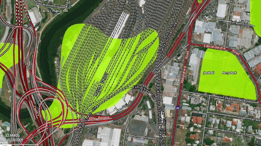 The Mayne rail depot in Brisbane is covered by a trigger map suggesting it is a high-risk area for endangered flora. 