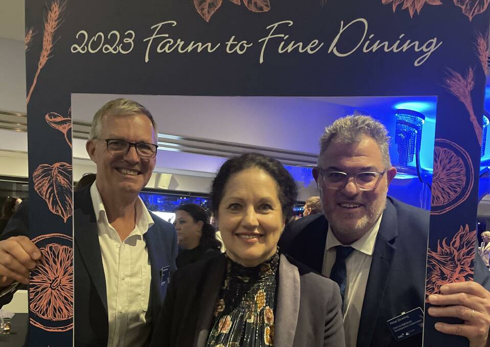 Adam Humphries, Qantas, Elsa Dalessio, Queensland Treasury Corporation, and Central Highlands Development Corporation chief executive officer Peter Dowling, celebrating the region's exceptional foods. 