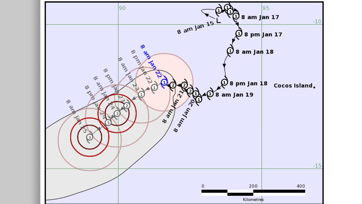 the slow moving category 1 Tropical Cyclone Anggrek is about 570km west of the Cocos (Keeling) Islands. Image - BOM