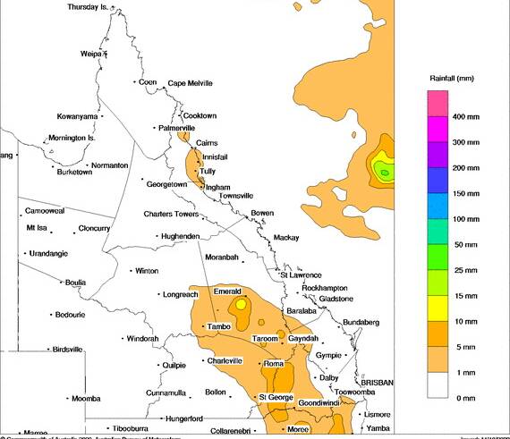 The best chance of rain for inland Queensland is today (Monday). Source - BOM 