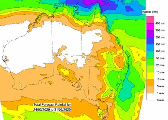 Accumulated falls of 10-15mm are shown for parts of South West Queensland during the next eight days. Source - BoM