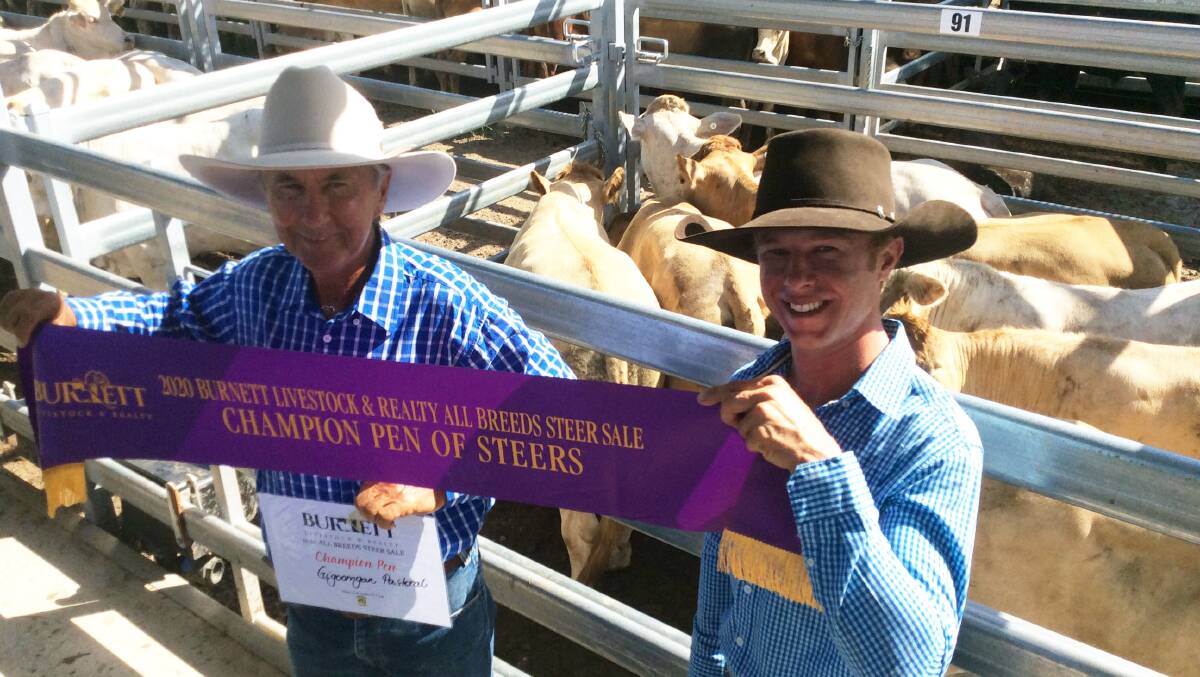 Father and son team Les and Ewan Rockemer, Gigoomgan, Brooweena, with their champion pen of Charolais/Brahman-cross steers at the annual Burnett steer sale in Biggenden.