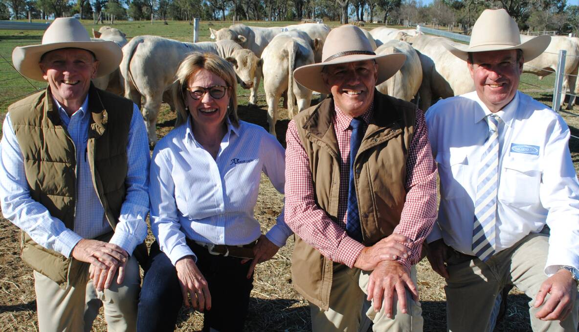 SALE TOPPERS: Jim and Jackie Wedge, Ascot Stud, Warwick, Kevin Graham representing top price buyers Alister and Joanne McClymont, Burleigh Station, Richmond, and auctioneer Paul Dooley, Tamworth. 