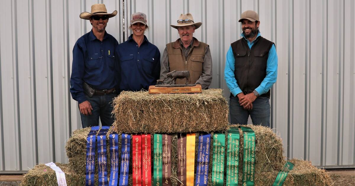 CQ SUCCESS: Shane, Emma, Ted and Paul Murphy, Tayglen, Dysart, with the ribbon haul which saw Tayglen Pastoral Company named as the most successful exhibitor of the Central Queensland Carcase Classic. Photos - Anna Diener, CRT Middlemount Rural Traders.