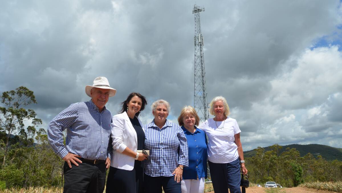 COMMUNICATIONS UPGRADE: Livingstone Shire Mayor Bill Ludwig, Telstra area general manager Rachel Cliffe, Member for Capricornia, Michelle Landry, and Mount Chalmers locals Anne Nicholson and Marie Hawse. 