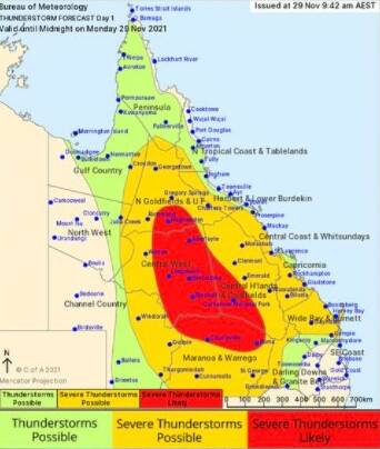 BOM says severe thunderstorms are likely on Monday.