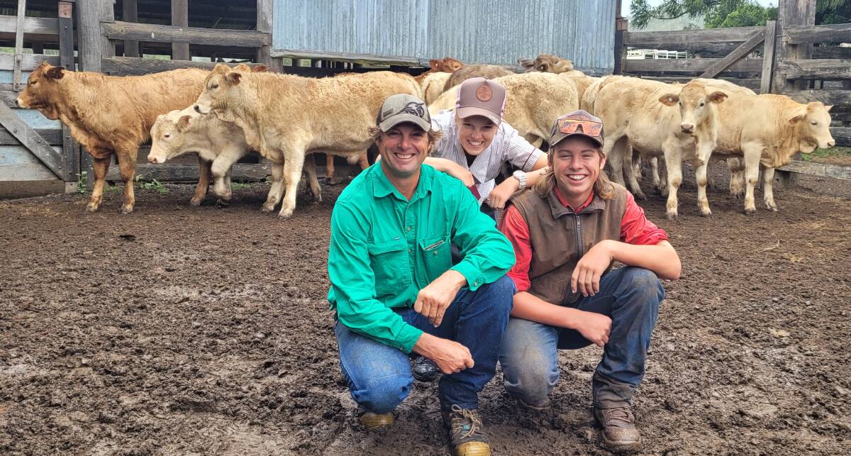 Andrew, Tahlia and Brodie Grieve with some of the Charolais-cross calves to be yarded by Grieve Brothers, Colinton. 