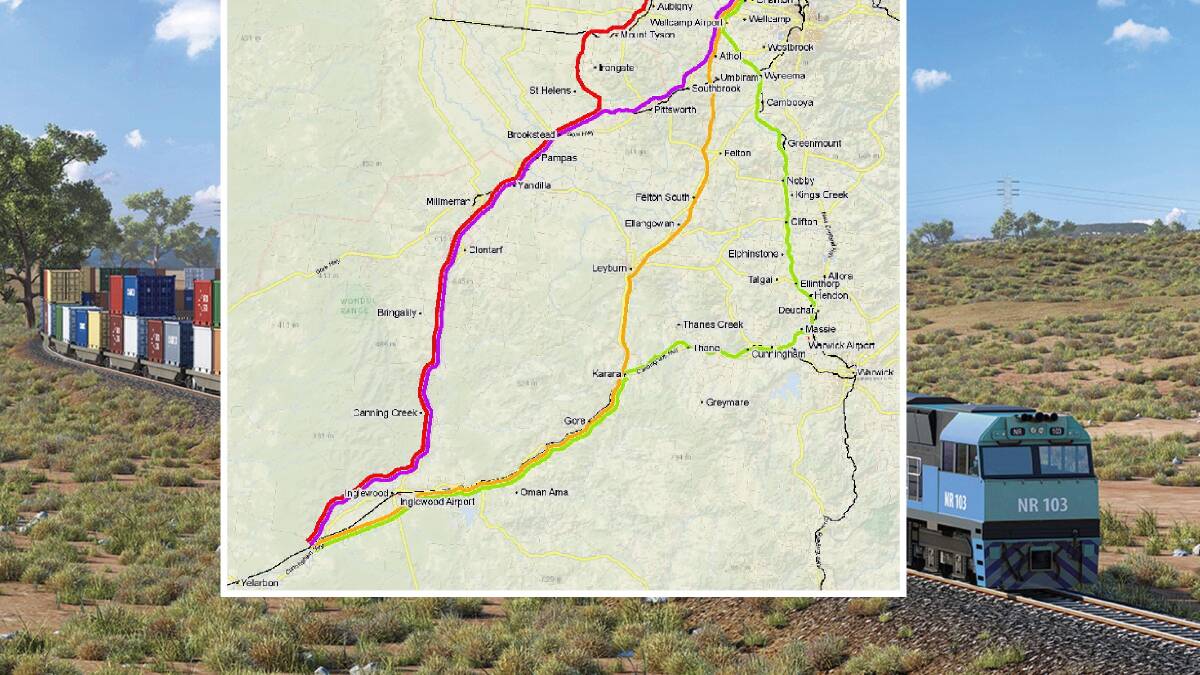 SHOWN IN PINK: The federal government is expected to announce the contentious Queensland section of the inland rail appears will cross the Condamine floodplain. 