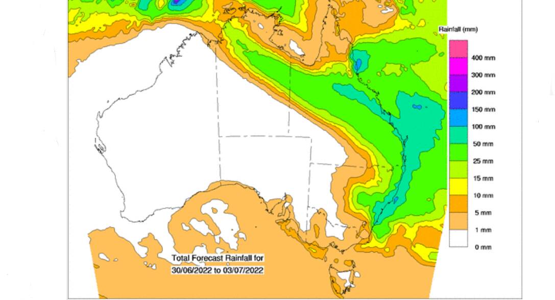 BoM's predicted rain totals for the four day period from June 30 to July 3. Picture - BoM