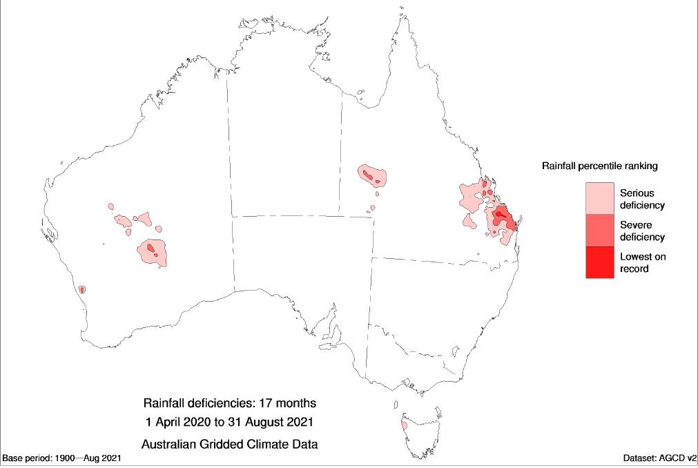 Rainfall deficiencies for April 1, 2020 to August 31, 2021. Source - BOM