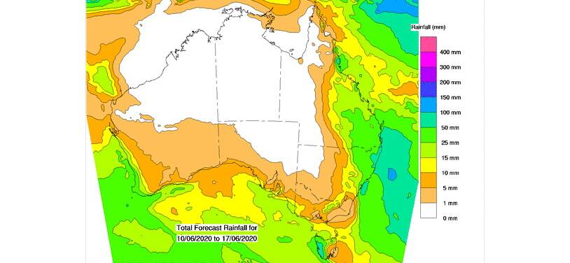 BOM's forecast issued on Wednesday, June 10 showed a larger area of Queensland set to receive 10mm-plus rain.