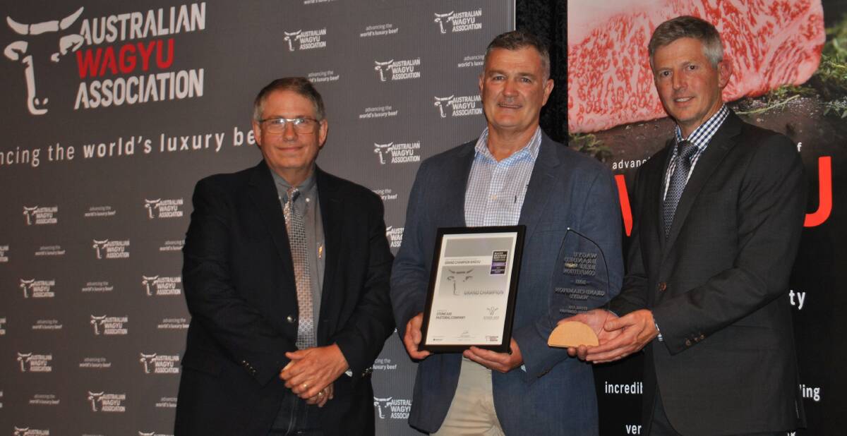 LUXURY BEEF: Wagyu Branded Beef Competition sponsor Terry Donohue representing Ariat with Stone Axe managing director Scott Richardson, and Australian Wagyu Assoication chief executive officer Matt McDonagh. 