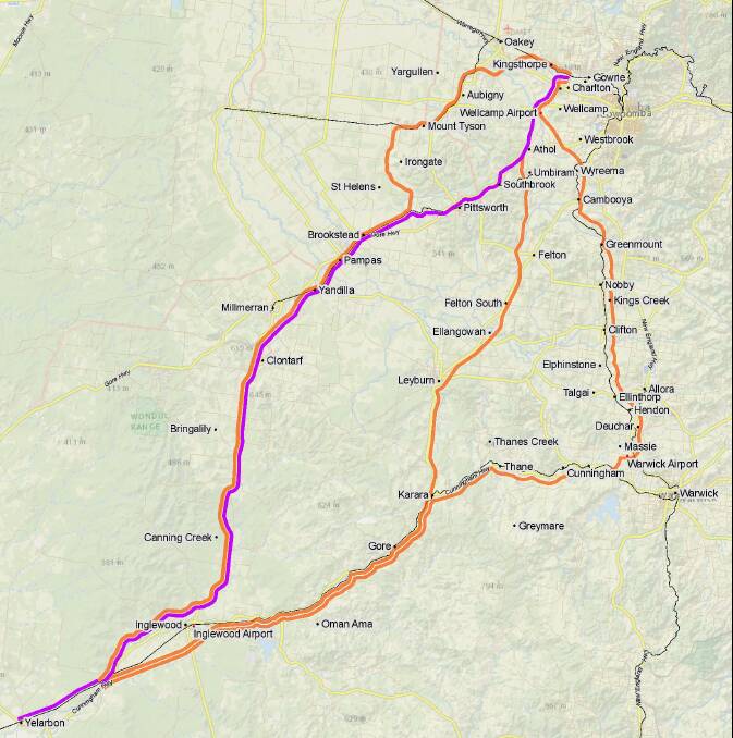 The pink and purple marked track has been selected for the inland rail. 