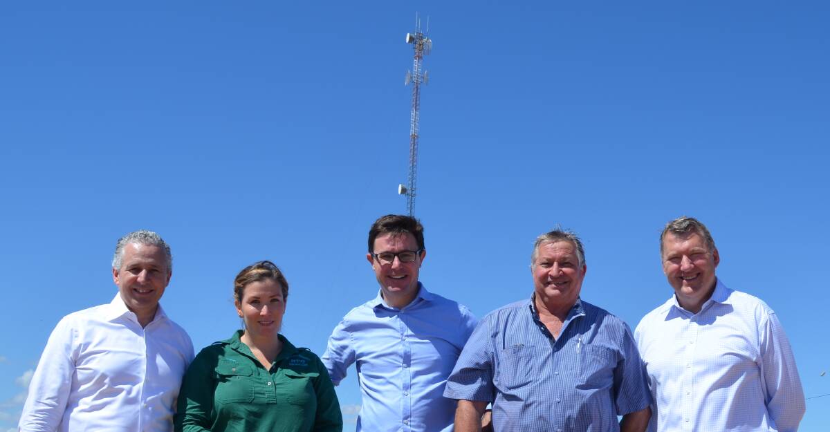 CONNECTED: Telstra chief executive officer Andy Penn, Winton resident Tahnee Oakhill, Member for Maranoa, David Littleproud, Telstra executive director of rural affairs Tim O’Leary, Winton Acting Mayor Shane Mann with mobile base station 250. 