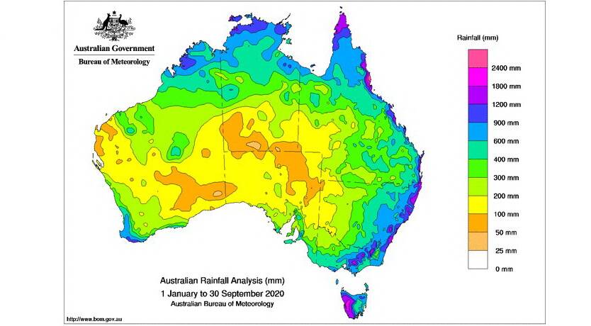 Rainfall totals for the first nine months of 2020. Source - BOM