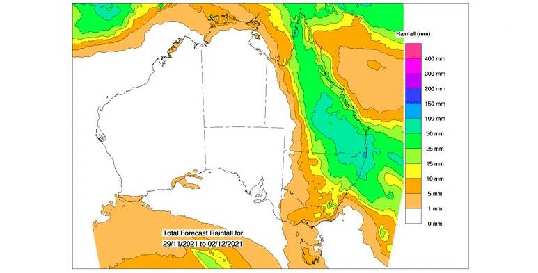 BOM's expected rainfall accumulations for the four days, from Monday to Thursday.