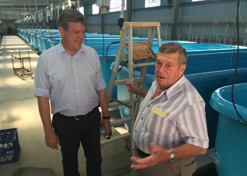 Opposition leader Tim Nicholls and industry pioneer Noel Herbst, Gold Coast Marine Aquaculture. 