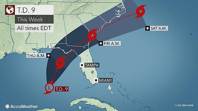 The predicted path of Hurricane Hermine. Source - http://www.accuweather.com/ 