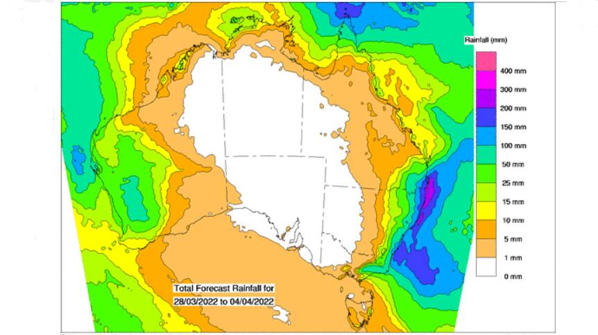 BOM's eight day modelling showing ongoing heavy rainfall for the south east of Queensland and in NSW. Dry conditions are expected for most of the inland.