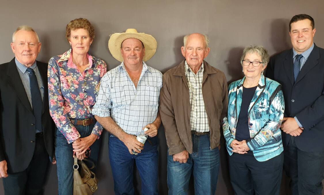 Marketing agent John Sims, Ruralco Property GDL Real Estate, buyers Gayle and Wayne Sharpe, Dundas, Wandoan, vendors Leo and Lyn Bahnisch, and Will Loudon, Ruralco Property GDL Real Estate. 